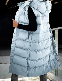 Best Women's Vest Warm Breathable Buttons Pocket Fashion Casual Street Style Plain Outdoor Vacation Street Daily Wear Single Breasted Long Hoodie Regular Fit Sleeveless Outerwear Black White Sky Blue Fall Women Puffers & Parka