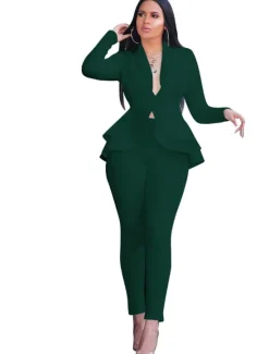 Outlet Women's Vintage Basic Blazer Office Suit Pants Sets Long Sleeve Shirt Collar Solid Color Ruffle Office Wear to work Black White Pink Fall & Winter Regular Fit Women Two Piece Sets