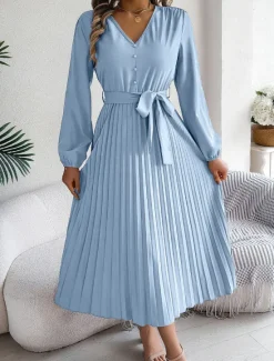 Best Women's Vintage Dress Mini Dress Pleated High Waist Elegant Formal V Neck Long Sleeve Blue Green Khaki Color Women Work Dresses