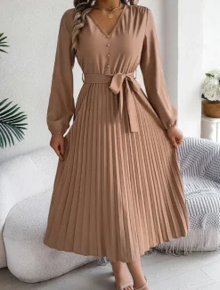 Best Women's Vintage Dress Mini Dress Pleated High Waist Elegant Formal V Neck Long Sleeve Blue Green Khaki Color Women Work Dresses