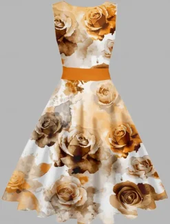 Online Women's Vintage Elegant Vintage Tea Dresses Midi Dress Daily Date Ruched Print Floral Crew Neck Sleeveless Slim Summer Spring 2023 Yellow Blue S M L XL Women Floral Dresses