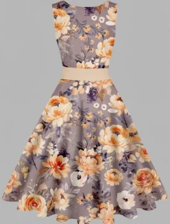 Online Women's Vintage Elegant Vintage Tea Dresses Midi Dress Daily Date Ruched Print Floral Crew Neck Sleeveless Slim Summer Spring 2023 Yellow Blue S M L XL Women Floral Dresses