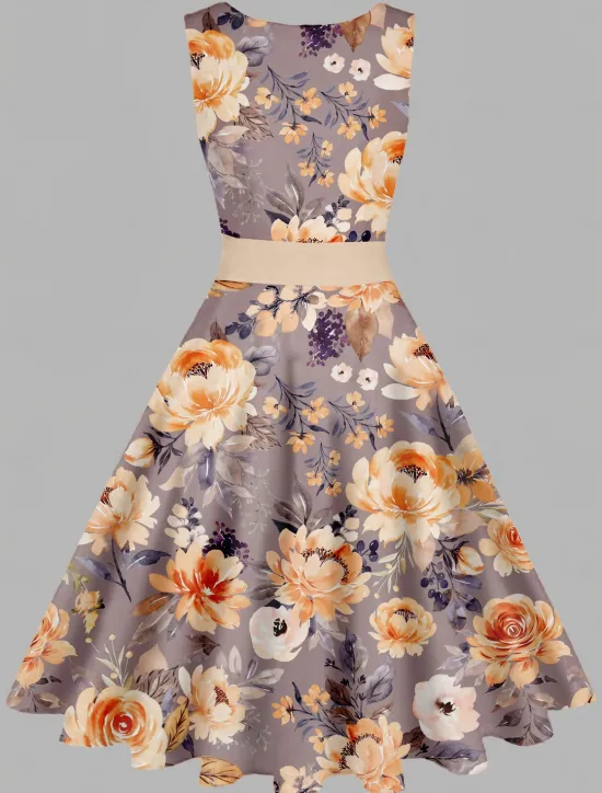 Online Women's Vintage Elegant Vintage Tea Dresses Midi Dress Daily Date Ruched Print Floral Crew Neck Sleeveless Slim Summer Spring 2023 Yellow Blue S M L XL Women Floral Dresses