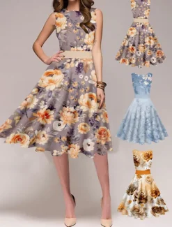 Online Women's Vintage Elegant Vintage Tea Dresses Midi Dress Daily Date Ruched Print Floral Crew Neck Sleeveless Slim Summer Spring 2023 Yellow Blue S M L XL Women Floral Dresses