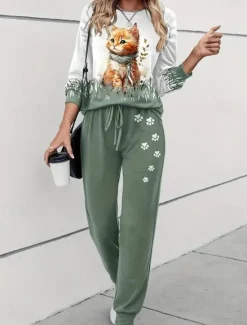 Outlet Women's Warm Active Sports Tracksuit Pants Sets Sweatshirt Long Sleeve Crew Neck Graphic Animal Cat Drawstring Print Sports Outdoor Casual Blue Purple Green Fall & Winter Regular Fit Women Two Piece Sets