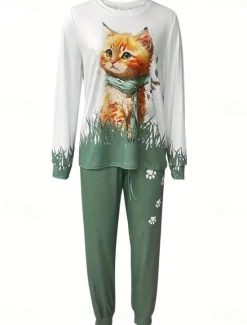 Outlet Women's Warm Active Sports Tracksuit Pants Sets Sweatshirt Long Sleeve Crew Neck Graphic Animal Cat Drawstring Print Sports Outdoor Casual Blue Purple Green Fall & Winter Regular Fit Women Two Piece Sets