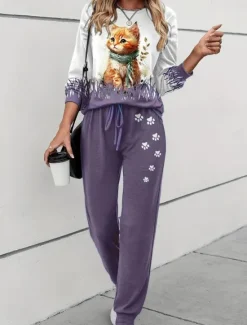 Outlet Women's Warm Active Sports Tracksuit Pants Sets Sweatshirt Long Sleeve Crew Neck Graphic Animal Cat Drawstring Print Sports Outdoor Casual Blue Purple Green Fall & Winter Regular Fit Women Two Piece Sets