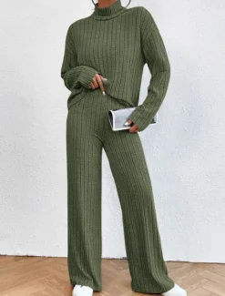 Outlet Women's Warm Neon & Bright Shirt Pants Sets Pants Trousers Long Sleeve Turtleneck Solid Color Casual Daily Black Army Green Blue Fall & Winter Regular Fit Women Two Piece Sets
