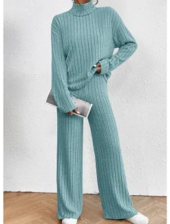 Outlet Women's Warm Neon & Bright Shirt Pants Sets Pants Trousers Long Sleeve Turtleneck Solid Color Casual Daily Black Army Green Blue Fall & Winter Regular Fit Women Two Piece Sets