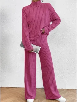 Outlet Women's Warm Neon & Bright Shirt Pants Sets Pants Trousers Long Sleeve Turtleneck Solid Color Casual Daily Black Army Green Blue Fall & Winter Regular Fit Women Two Piece Sets