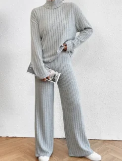 Outlet Women's Warm Neon & Bright Shirt Pants Sets Pants Trousers Long Sleeve Turtleneck Solid Color Casual Daily Black Army Green Blue Fall & Winter Regular Fit Women Two Piece Sets