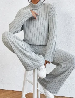 Outlet Women's Warm Neon & Bright Shirt Pants Sets Pants Trousers Long Sleeve Turtleneck Solid Color Casual Daily Black Army Green Blue Fall & Winter Regular Fit Women Two Piece Sets