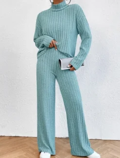Outlet Women's Warm Neon & Bright Shirt Pants Sets Pants Trousers Long Sleeve Turtleneck Solid Color Casual Daily Black Army Green Blue Fall & Winter Regular Fit Women Two Piece Sets