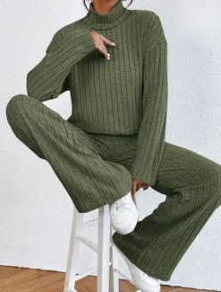 Outlet Women's Warm Neon & Bright Shirt Pants Sets Pants Trousers Long Sleeve Turtleneck Solid Color Casual Daily Black Army Green Blue Fall & Winter Regular Fit Women Two Piece Sets