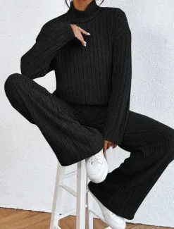 Outlet Women's Warm Neon & Bright Shirt Pants Sets Pants Trousers Long Sleeve Turtleneck Solid Color Casual Daily Black Army Green Blue Fall & Winter Regular Fit Women Two Piece Sets