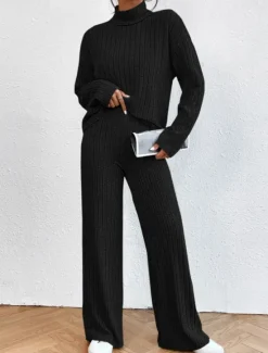 Outlet Women's Warm Neon & Bright Shirt Pants Sets Pants Trousers Long Sleeve Turtleneck Solid Color Casual Daily Black Army Green Blue Fall & Winter Regular Fit Women Two Piece Sets