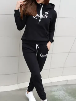 New Women's Warm Sports Hoodie Tracksuit Pants Sets Joggers Pants Trousers Long Sleeve Hooded Letter Drawstring Print Outdoor Casual Black Pink Wine Fall & Winter Regular Fit Women Two Piece Sets