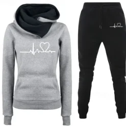 Clearance Women's Warm Sports Hoodie Tracksuit Pants Sets Joggers Pants Trousers Long Sleeve Hooded Heart Drawstring Print Outdoor Casual Black Blue Green Fall & Winter Regular Fit Women Two Piece Sets