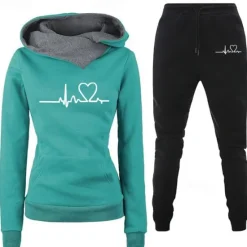 Clearance Women's Warm Sports Hoodie Tracksuit Pants Sets Joggers Pants Trousers Long Sleeve Hooded Heart Drawstring Print Outdoor Casual Black Blue Green Fall & Winter Regular Fit Women Two Piece Sets