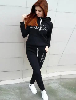 Hot Women's Warm Sports Hoodie Tracksuit Pants Sets Joggers Pants Trousers Long Sleeve Hooded Graphic Drawstring Print Outdoor Casual Black Pink Red Fall & Winter Regular Fit Women Two Piece Sets