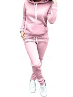 Online Women's Warm Sports Hoodie Tracksuit Pants Sets Joggers Pants Trousers Long Sleeve Hooded Solid Color Drawstring Outdoor Casual Black Pink Wine Fall & Winter Regular Fit Women Two Piece Sets
