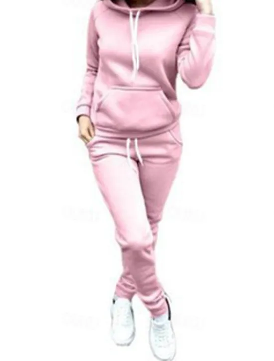 Online Women's Warm Sports Hoodie Tracksuit Pants Sets Joggers Pants Trousers Long Sleeve Hooded Solid Color Drawstring Outdoor Casual Black Pink Wine Fall & Winter Regular Fit Women Two Piece Sets