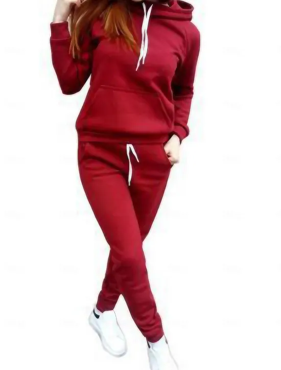 Online Women's Warm Sports Hoodie Tracksuit Pants Sets Joggers Pants Trousers Long Sleeve Hooded Solid Color Drawstring Outdoor Casual Black Pink Wine Fall & Winter Regular Fit Women Two Piece Sets