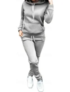 Online Women's Warm Sports Hoodie Tracksuit Pants Sets Joggers Pants Trousers Long Sleeve Hooded Solid Color Drawstring Outdoor Casual Black Pink Wine Fall & Winter Regular Fit Women Two Piece Sets