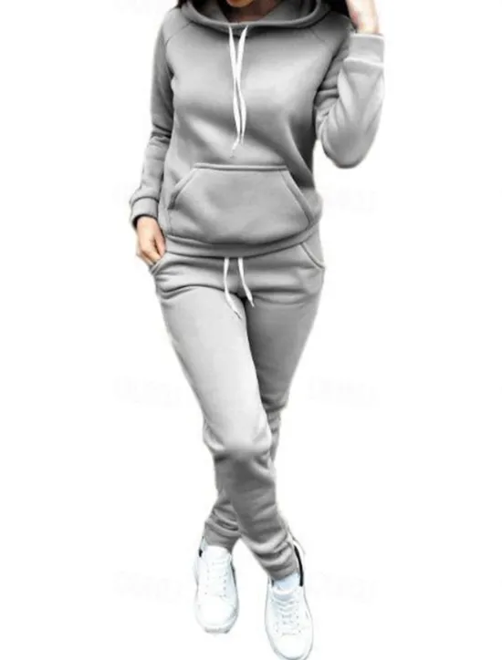 Online Women's Warm Sports Hoodie Tracksuit Pants Sets Joggers Pants Trousers Long Sleeve Hooded Solid Color Drawstring Outdoor Casual Black Pink Wine Fall & Winter Regular Fit Women Two Piece Sets