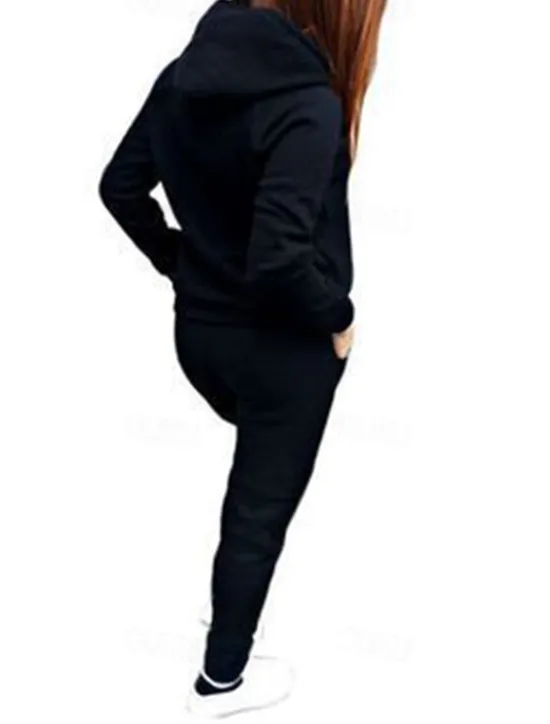 Online Women's Warm Sports Hoodie Tracksuit Pants Sets Joggers Pants Trousers Long Sleeve Hooded Solid Color Drawstring Outdoor Casual Black Pink Wine Fall & Winter Regular Fit Women Two Piece Sets