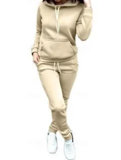 Online Women's Warm Sports Hoodie Tracksuit Pants Sets Joggers Pants Trousers Long Sleeve Hooded Solid Color Drawstring Outdoor Casual Black Pink Wine Fall & Winter Regular Fit Women Two Piece Sets