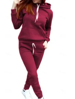 Online Women's Warm Sports Hoodie Tracksuit Pants Sets Joggers Pants Trousers Long Sleeve Hooded Solid Color Drawstring Outdoor Casual Black Pink Wine Fall & Winter Regular Fit Women Two Piece Sets