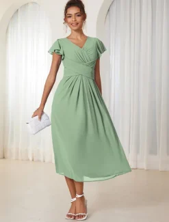 New Women's Wedding Guest Cocktail Dress Chiffon Ruched Ruffle Elegant Formal Wrap Midi Dress V Neck Ruffle Sleeve Blue Green Color Women Chiffon Dresses|Cocktail Dress