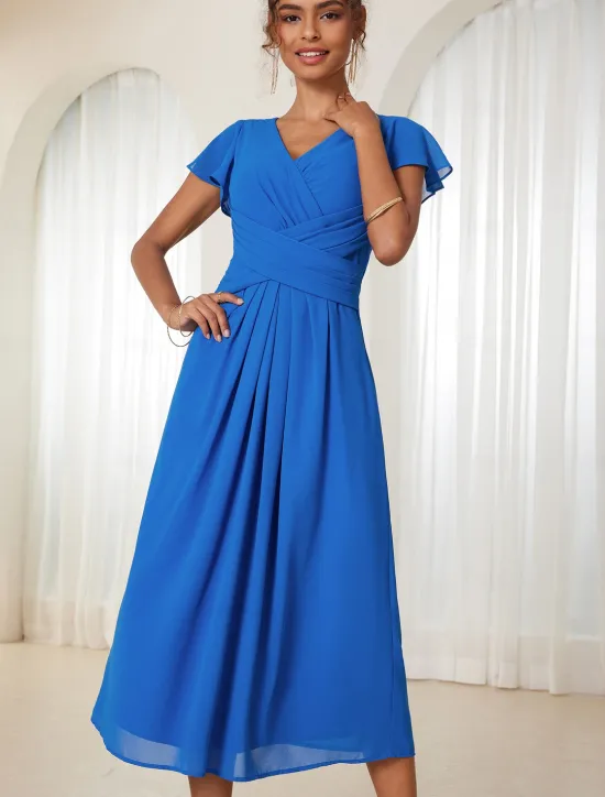 New Women's Wedding Guest Cocktail Dress Chiffon Ruched Ruffle Elegant Formal Wrap Midi Dress V Neck Ruffle Sleeve Blue Green Color Women Chiffon Dresses|Cocktail Dress