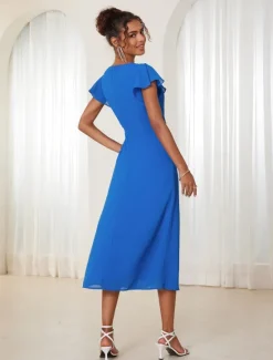 New Women's Wedding Guest Cocktail Dress Chiffon Ruched Ruffle Elegant Formal Wrap Midi Dress V Neck Ruffle Sleeve Blue Green Color Women Chiffon Dresses|Cocktail Dress