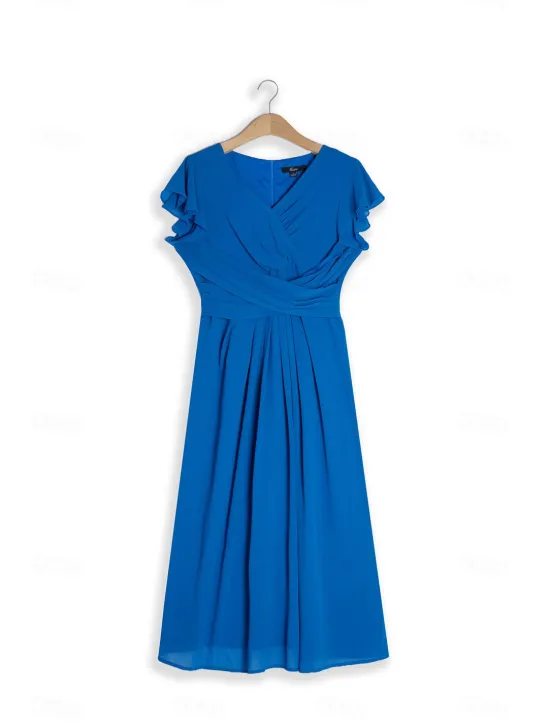 New Women's Wedding Guest Cocktail Dress Chiffon Ruched Ruffle Elegant Formal Wrap Midi Dress V Neck Ruffle Sleeve Blue Green Color Women Chiffon Dresses|Cocktail Dress