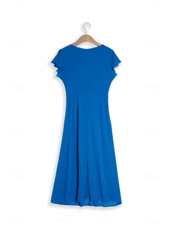 New Women's Wedding Guest Cocktail Dress Chiffon Ruched Ruffle Elegant Formal Wrap Midi Dress V Neck Ruffle Sleeve Blue Green Color Women Chiffon Dresses|Cocktail Dress
