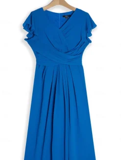 New Women's Wedding Guest Cocktail Dress Chiffon Ruched Ruffle Elegant Formal Wrap Midi Dress V Neck Ruffle Sleeve Blue Green Color Women Chiffon Dresses|Cocktail Dress