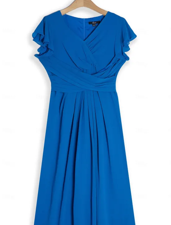 New Women's Wedding Guest Cocktail Dress Chiffon Ruched Ruffle Elegant Formal Wrap Midi Dress V Neck Ruffle Sleeve Blue Green Color Women Chiffon Dresses|Cocktail Dress