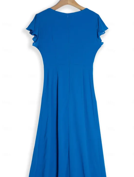 New Women's Wedding Guest Cocktail Dress Chiffon Ruched Ruffle Elegant Formal Wrap Midi Dress V Neck Ruffle Sleeve Blue Green Color Women Chiffon Dresses|Cocktail Dress