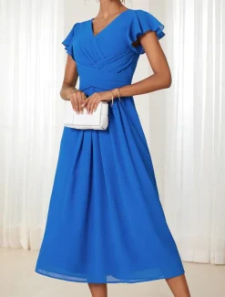 New Women's Wedding Guest Cocktail Dress Chiffon Ruched Ruffle Elegant Formal Wrap Midi Dress V Neck Ruffle Sleeve Blue Green Color Women Chiffon Dresses|Cocktail Dress