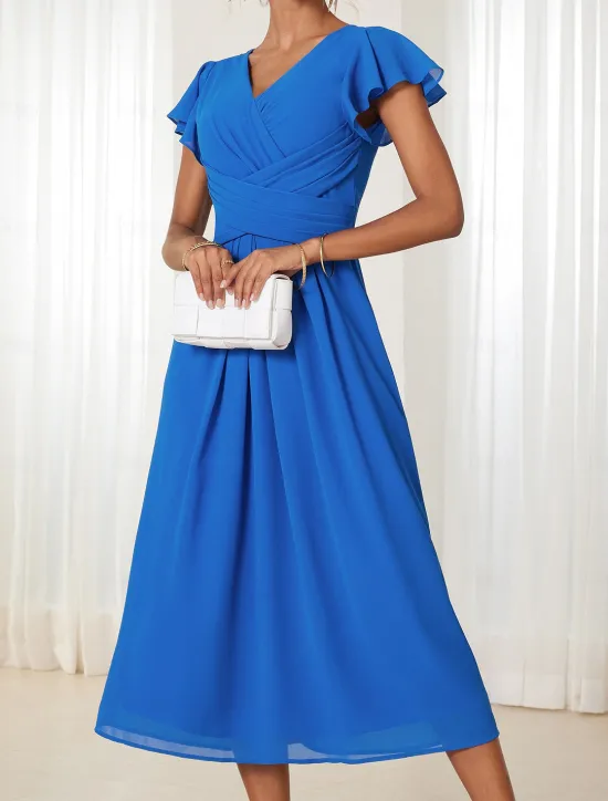 New Women's Wedding Guest Cocktail Dress Chiffon Ruched Ruffle Elegant Formal Wrap Midi Dress V Neck Ruffle Sleeve Blue Green Color Women Chiffon Dresses|Cocktail Dress