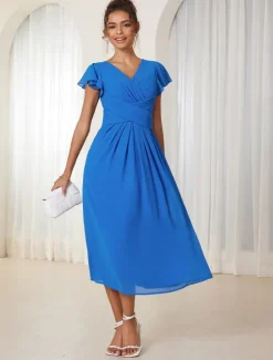 New Women's Wedding Guest Cocktail Dress Chiffon Ruched Ruffle Elegant Formal Wrap Midi Dress V Neck Ruffle Sleeve Blue Green Color Women Chiffon Dresses|Cocktail Dress