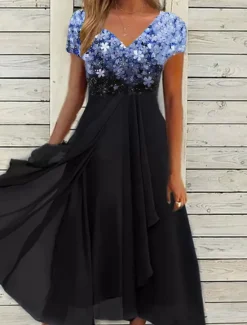 Clearance Women's Wedding Guest Cocktail Dress Midi Dress Black Blue Purple Short Sleeve Floral Ruched Fall Spring Summer V Neck Stylish Vacation Weekend Women Chiffon Dresses|Casual Dress