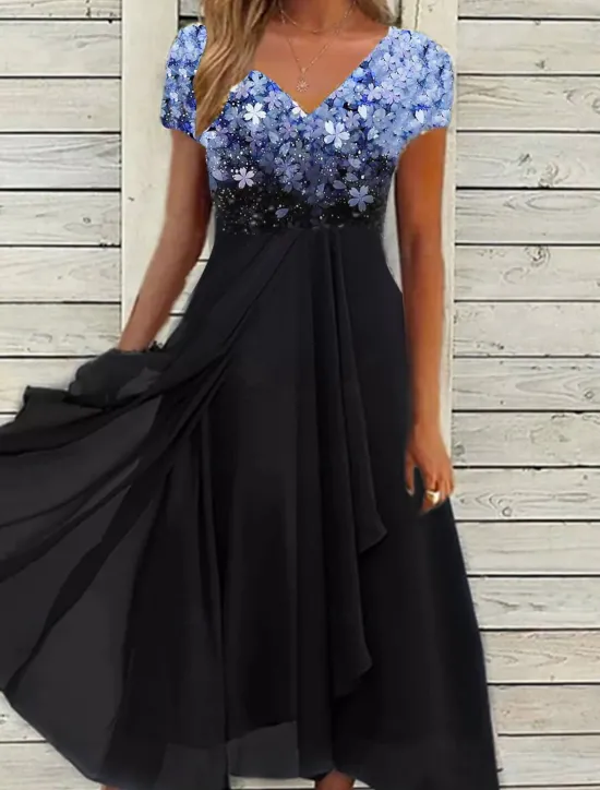 Clearance Women's Wedding Guest Cocktail Dress Midi Dress Black Blue Purple Short Sleeve Floral Ruched Fall Spring Summer V Neck Stylish Vacation Weekend Women Chiffon Dresses|Casual Dress