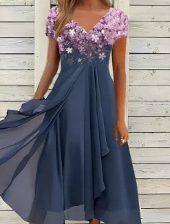 Clearance Women's Wedding Guest Cocktail Dress Midi Dress Black Blue Purple Short Sleeve Floral Ruched Fall Spring Summer V Neck Stylish Vacation Weekend Women Chiffon Dresses|Casual Dress