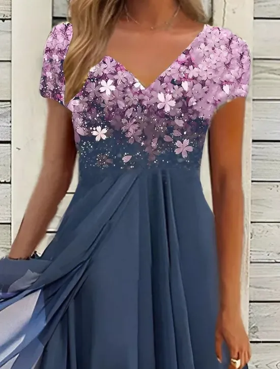 Clearance Women's Wedding Guest Cocktail Dress Midi Dress Black Blue Purple Short Sleeve Floral Ruched Fall Spring Summer V Neck Stylish Vacation Weekend Women Chiffon Dresses|Casual Dress