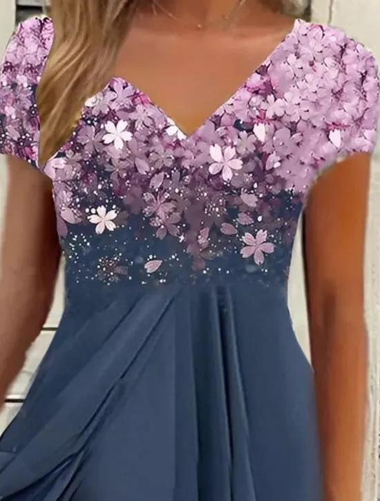 Clearance Women's Wedding Guest Cocktail Dress Midi Dress Black Blue Purple Short Sleeve Floral Ruched Fall Spring Summer V Neck Stylish Vacation Weekend Women Chiffon Dresses|Casual Dress