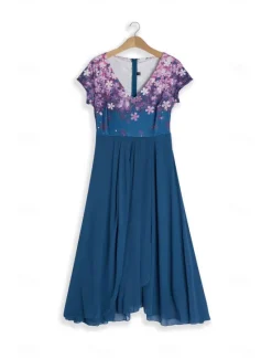 Clearance Women's Wedding Guest Cocktail Dress Midi Dress Black Blue Purple Short Sleeve Floral Ruched Fall Spring Summer V Neck Stylish Vacation Weekend Women Chiffon Dresses|Casual Dress
