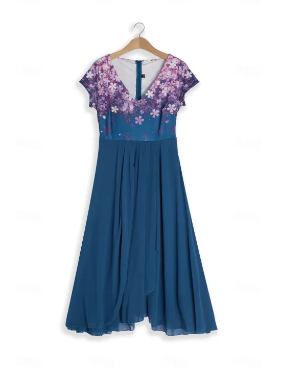 Clearance Women's Wedding Guest Cocktail Dress Midi Dress Black Blue Purple Short Sleeve Floral Ruched Fall Spring Summer V Neck Stylish Vacation Weekend Women Chiffon Dresses|Casual Dress